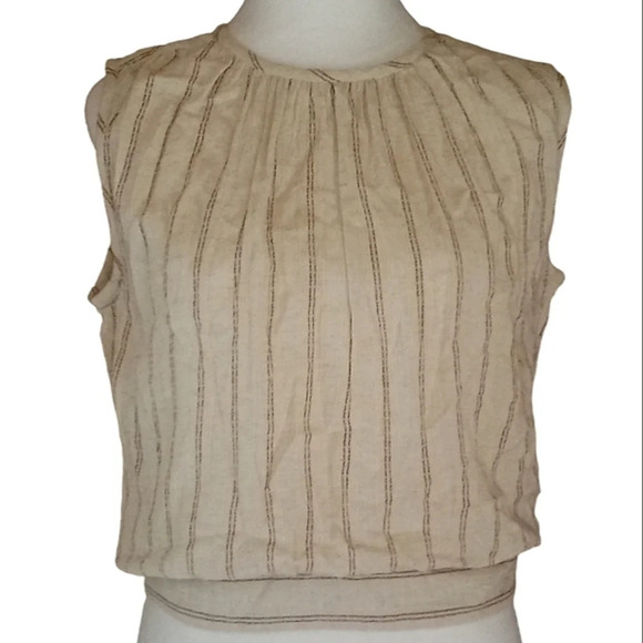 Anthropologie Tops - Anthropologie Leo & Sage Cotton Linen Blend Cream Burgundy Striped Blouse XS